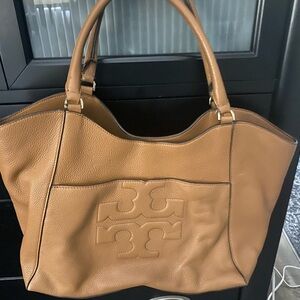 Tory Burch Brown Leather Tote with Debossed Logo